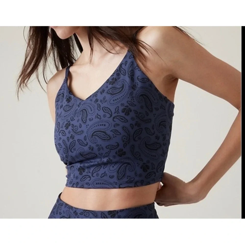 Athleta Elation Longline Bra Blue Paisley Powervita V-Neck Sports Bra Small